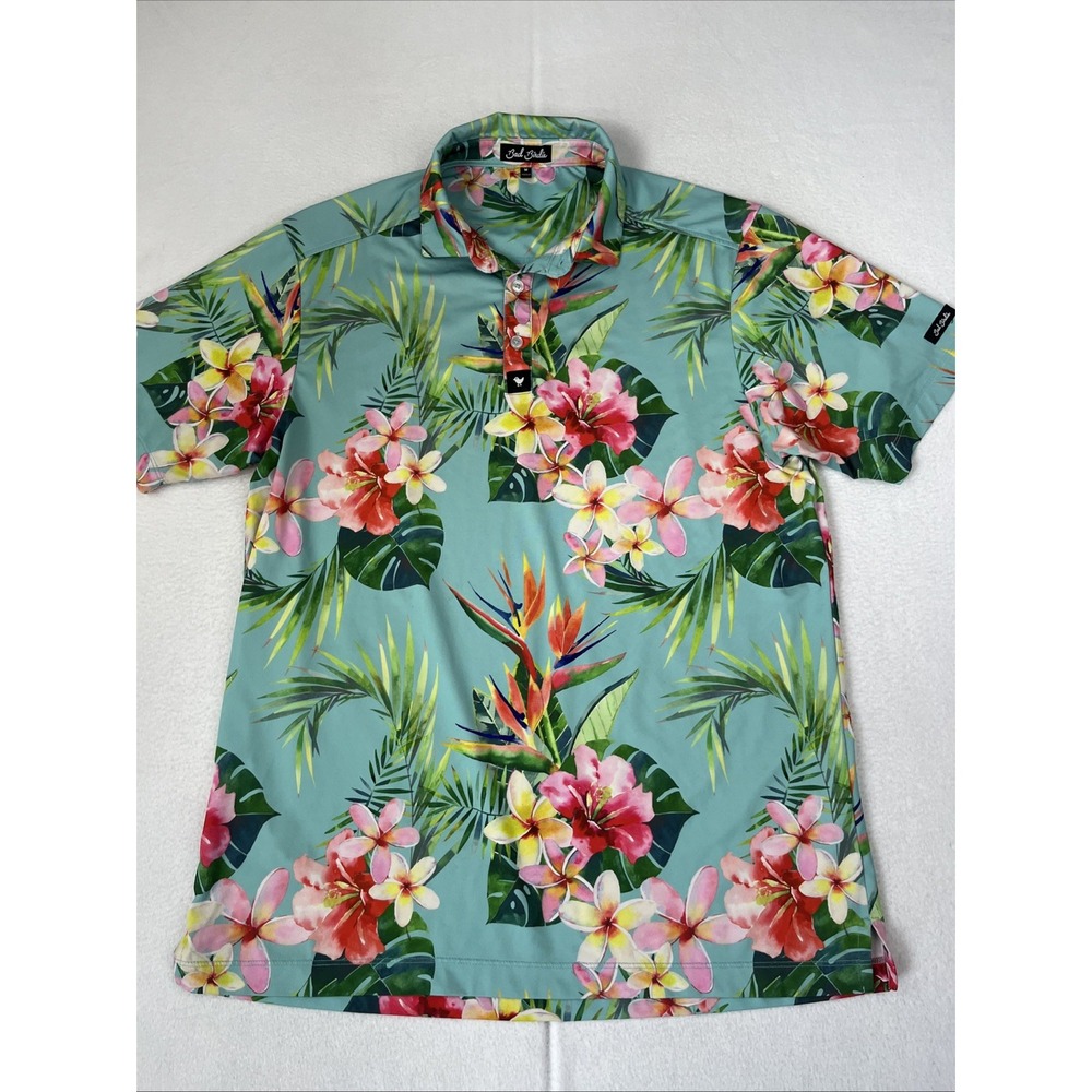 Bad Birdie Polo Shirt Men Medium Blue Floral Performance Stretch Golf Activewear